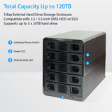 5 Bay USB 3.2 Type-C 10Gbps Daisy-Chain Hard Drive Enclosure DAS, Support 120TB (5x 24TB) 2.5" & 3.5" SATA HDD/SSD - SY-ENC50128